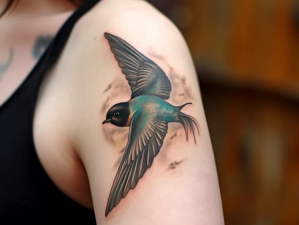 Fine line swallows tattooed on the neck