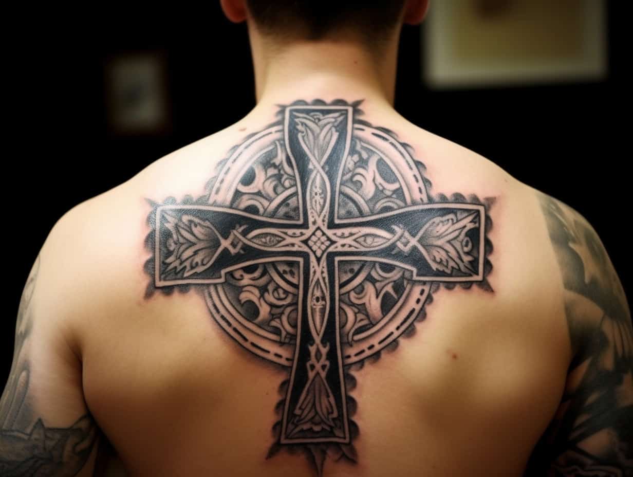 Upper back tattoo of a christian cross