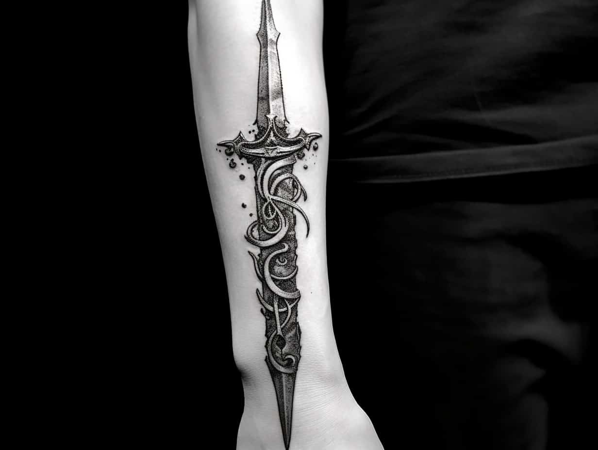 Grey And Black Dagger Tattoo On Bicep