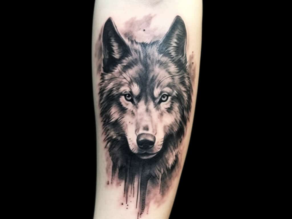 Left Forearm Grey Ink Wolf Tattoo Idea