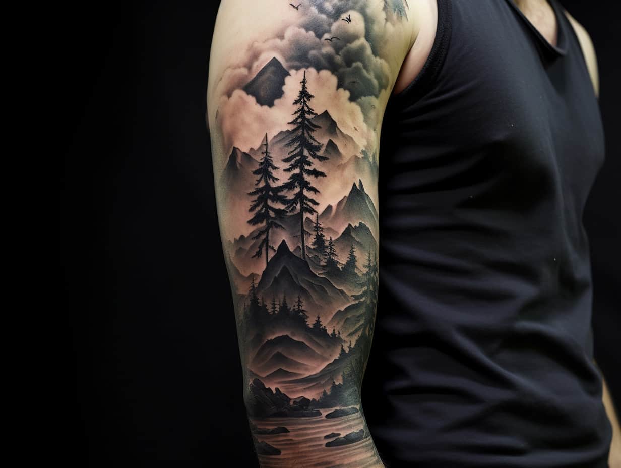 trees and mountain tattoo
