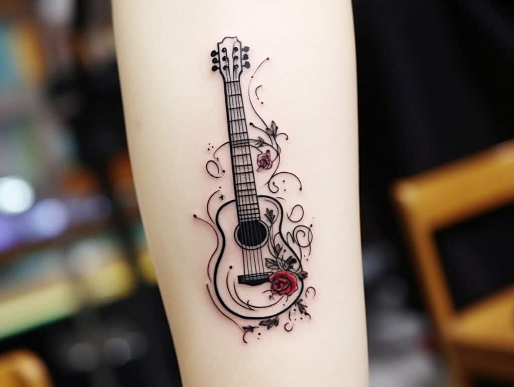meaningful guitar tattoo with rose