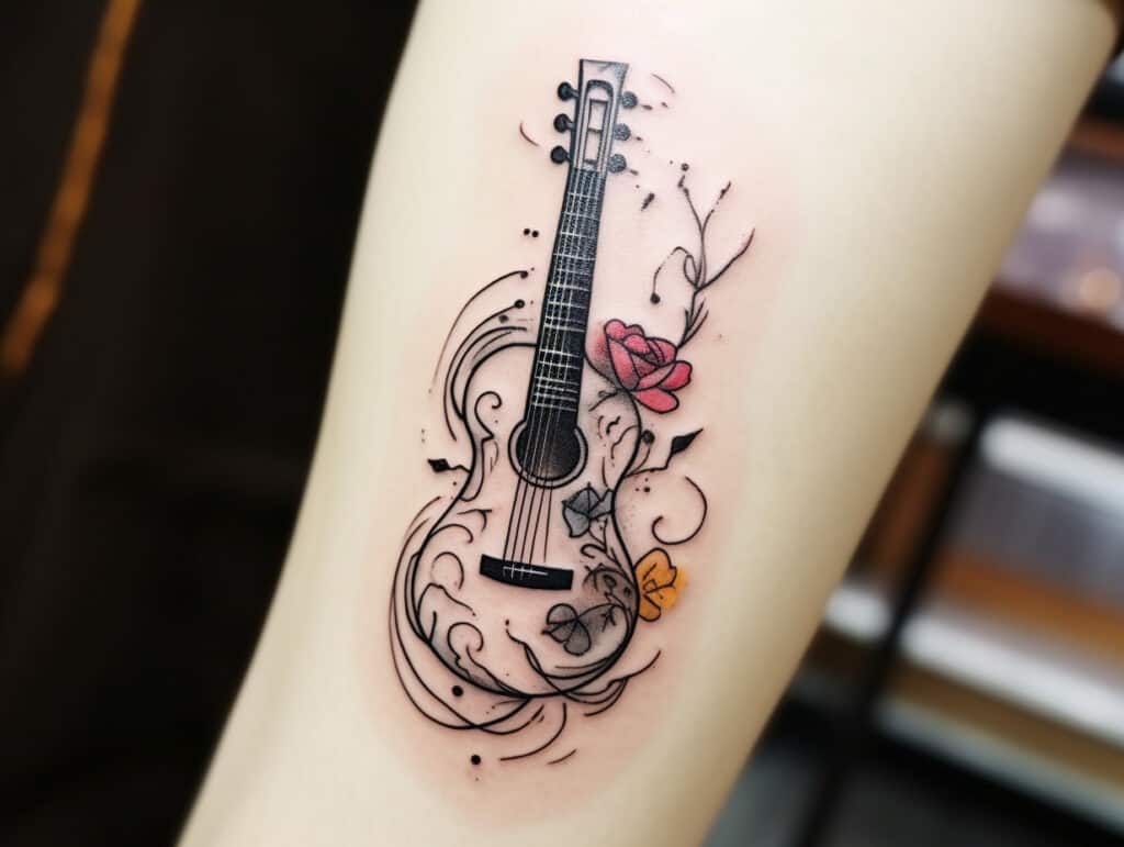 meaningful guitar tattoo with flowers