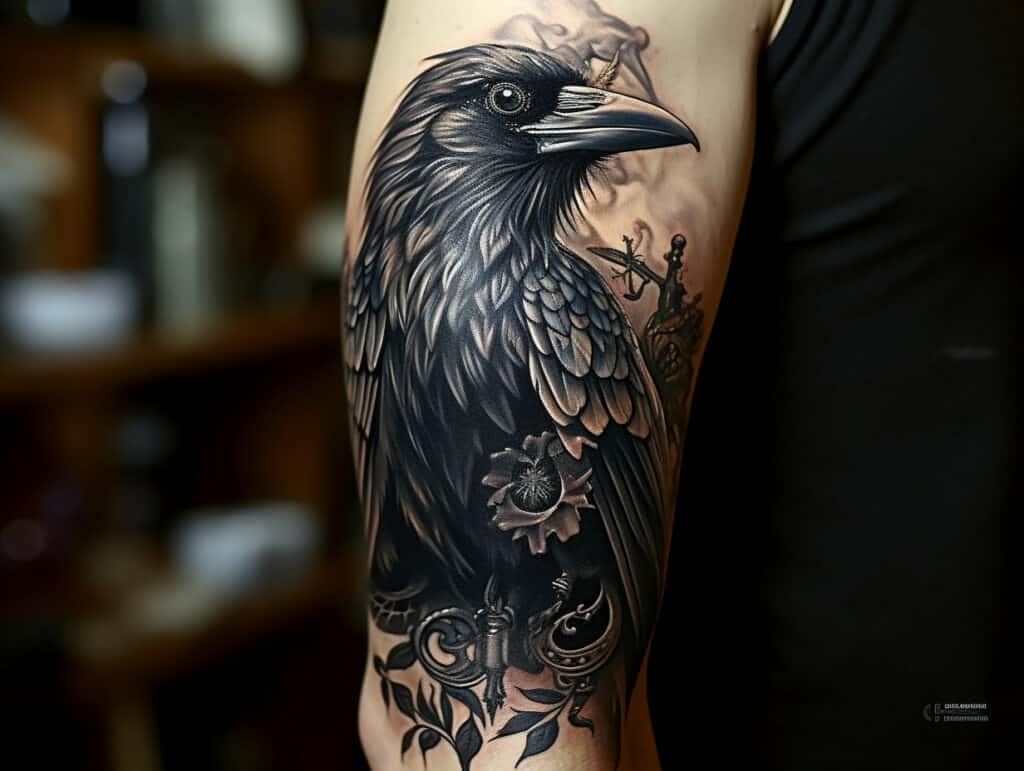 Tree And Black Raven Tattoos On Side Leg