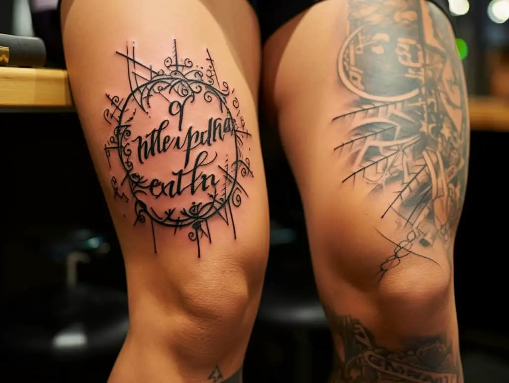 text tattoo above knee