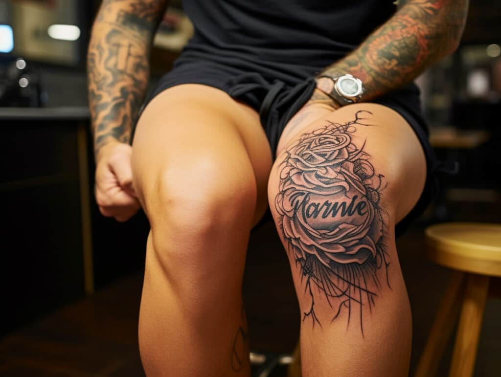 name tattoo above knee