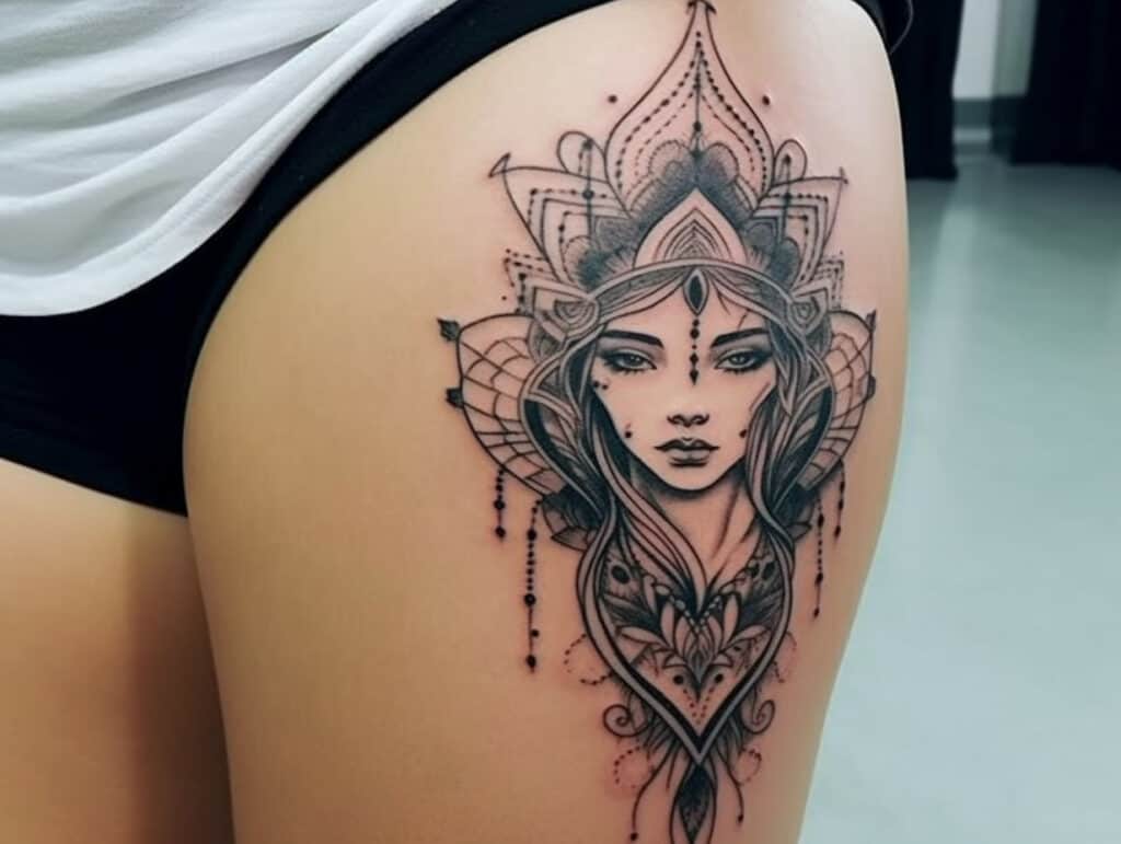 women tattoo above knee
