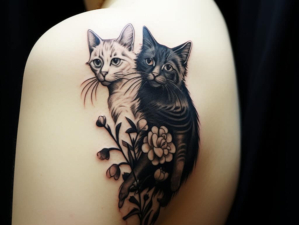 two cats tattoo shoulder